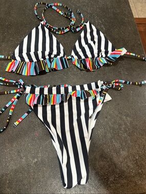 Striped Black & White Bikini with Multicolor Ruffle Trim